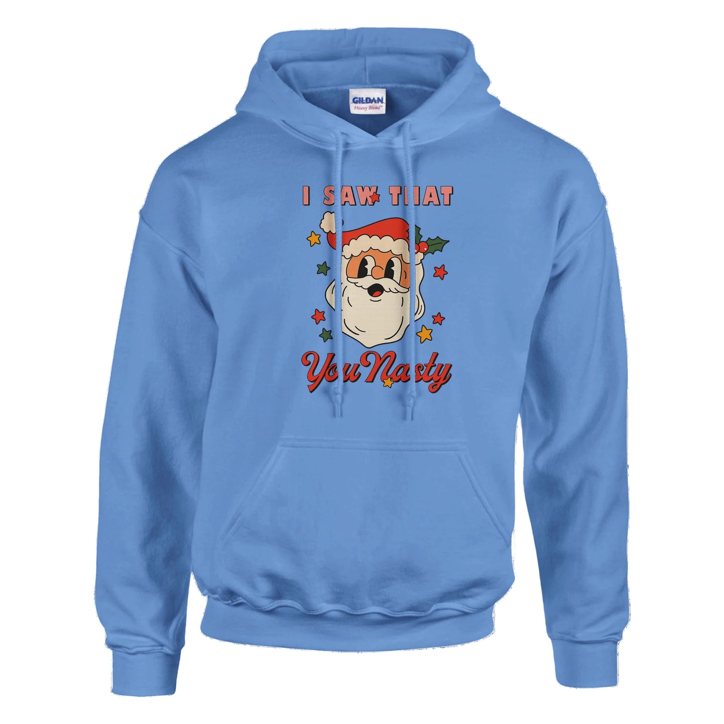 Light blue hoodie with a festive design and text on a white background
