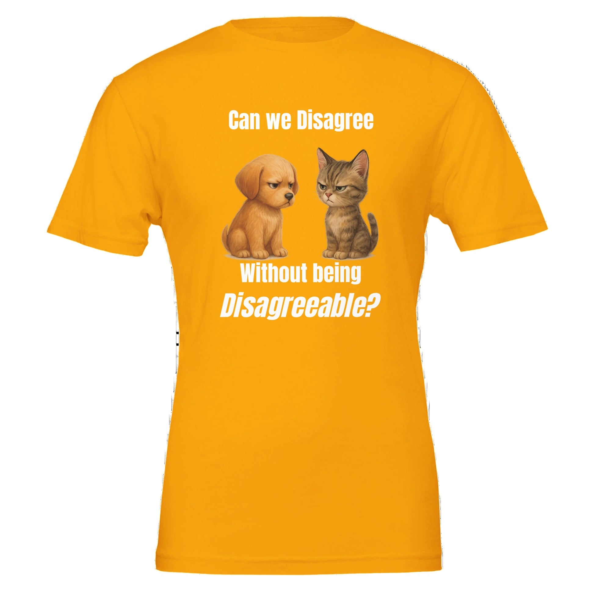 Yellow t-shirt with a dog and cat graphic and text on a white background