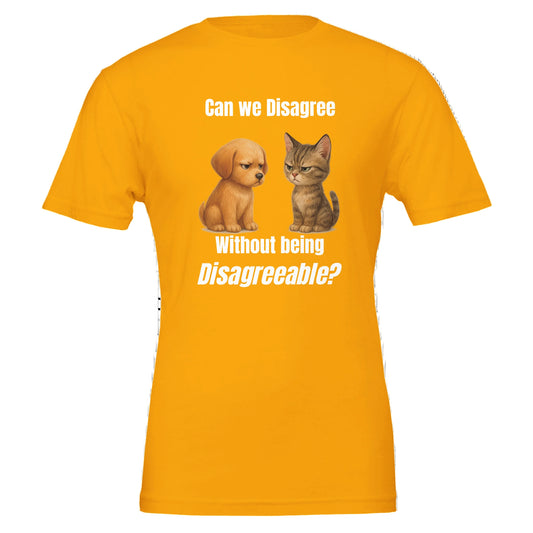 Yellow t-shirt with a dog and cat graphic and text on a white background