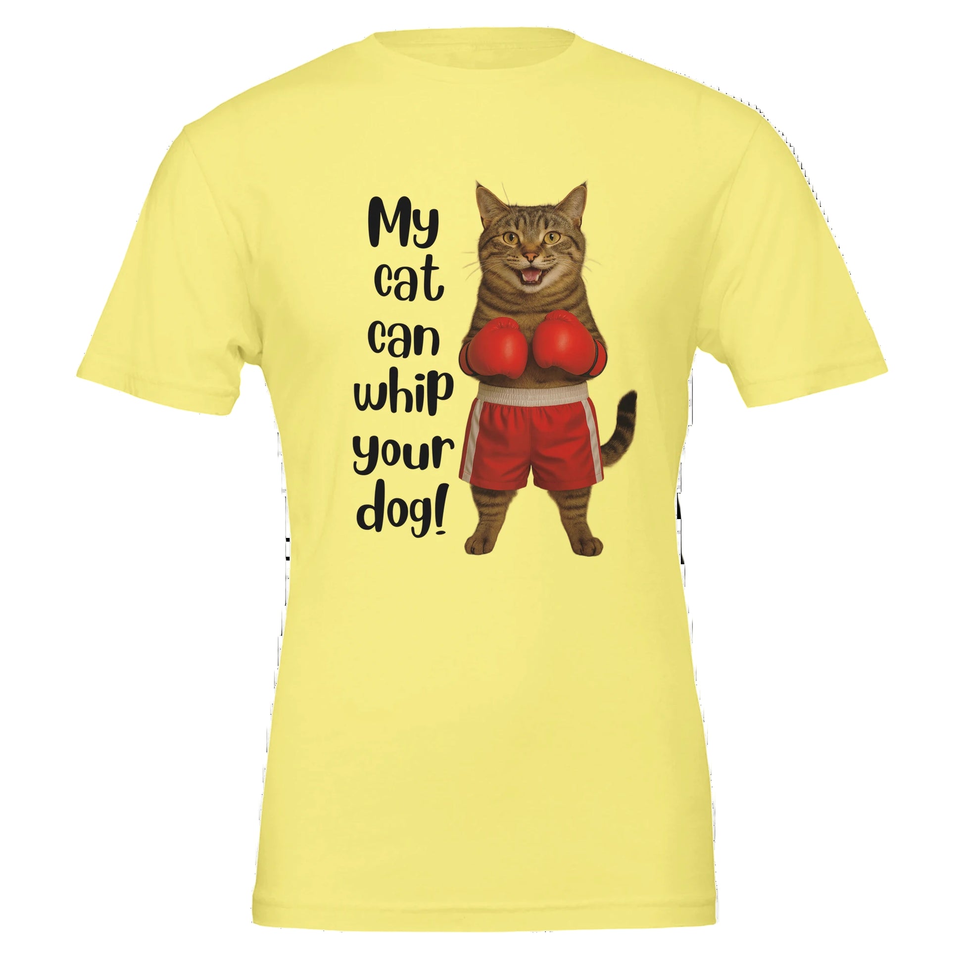 Yellow t-shirt with cat wearing boxing gloves
