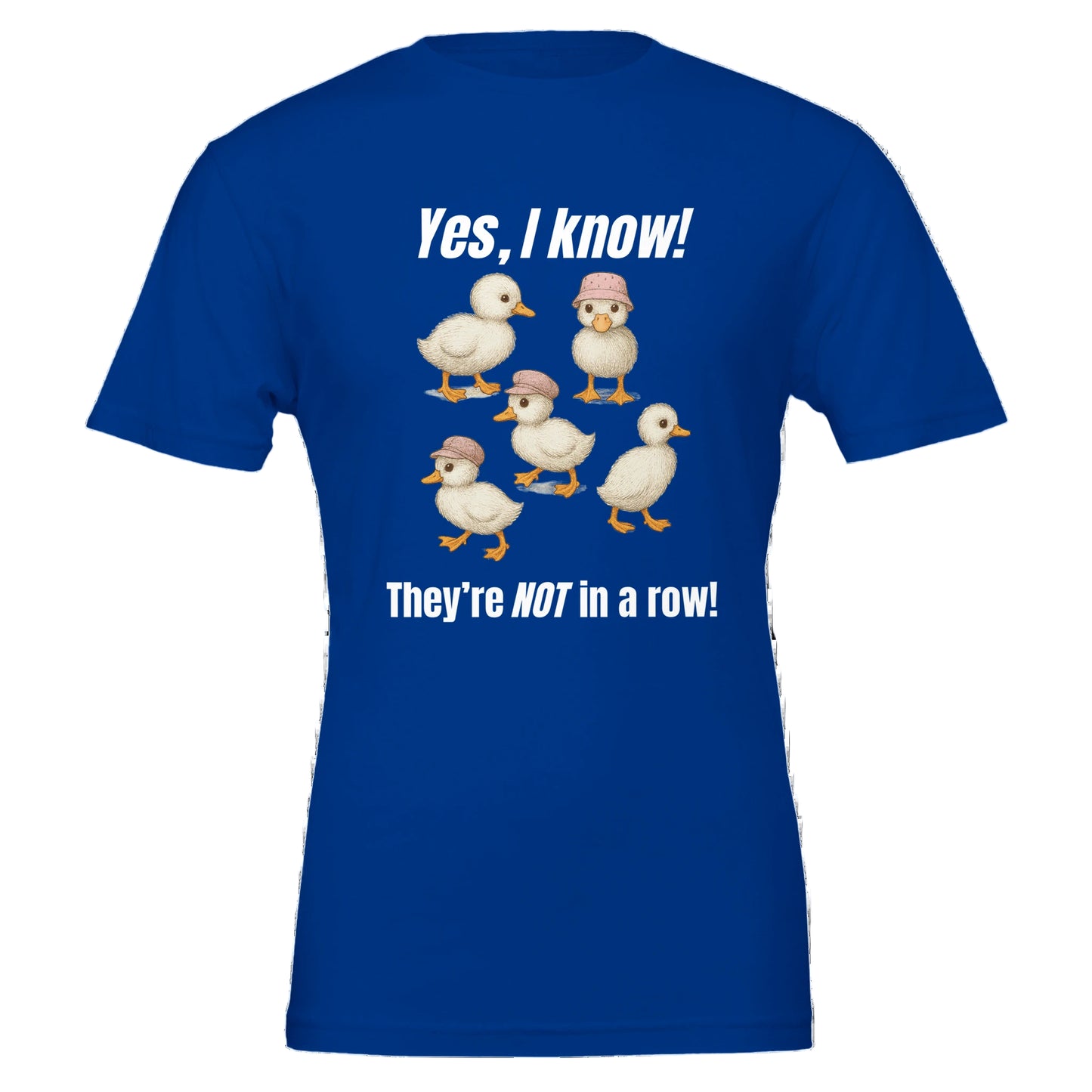 Blue t-shirt with 5 baby ducks not in a row
