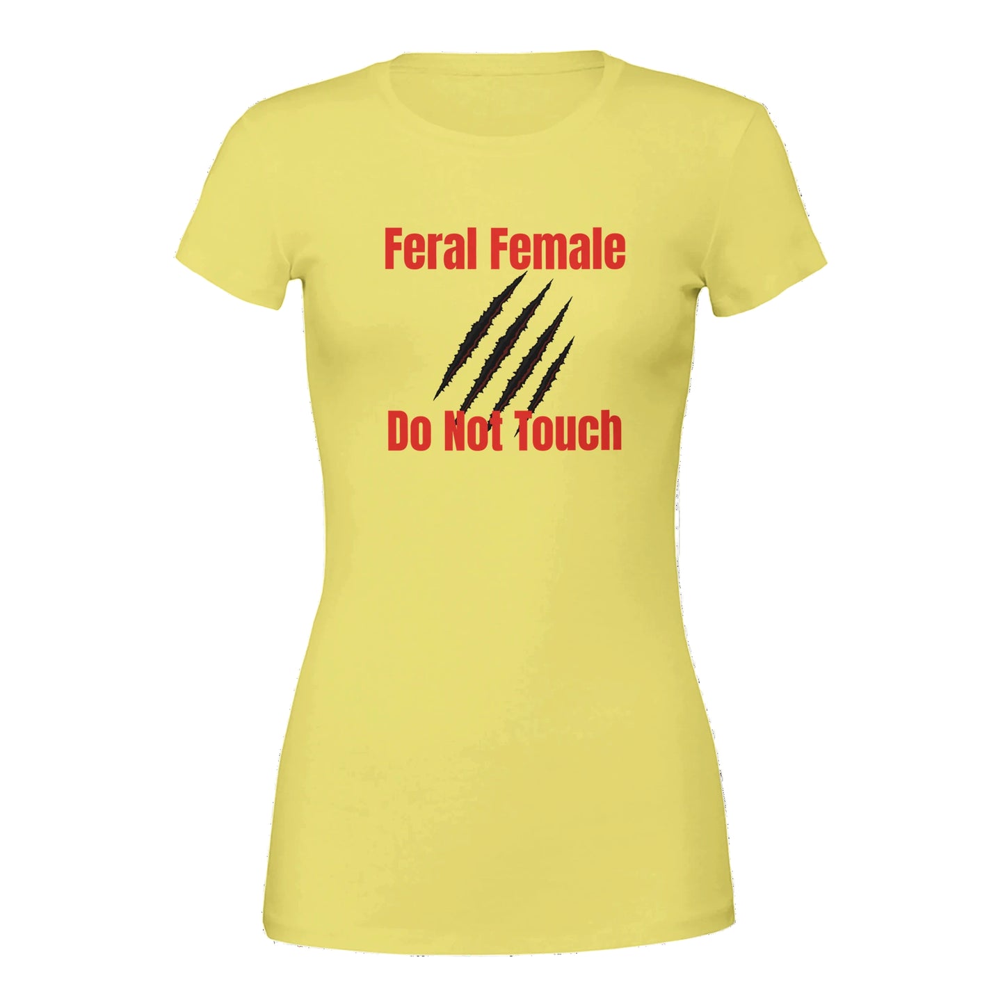 Yellow t-shirt with red and black text and graphics on a white background