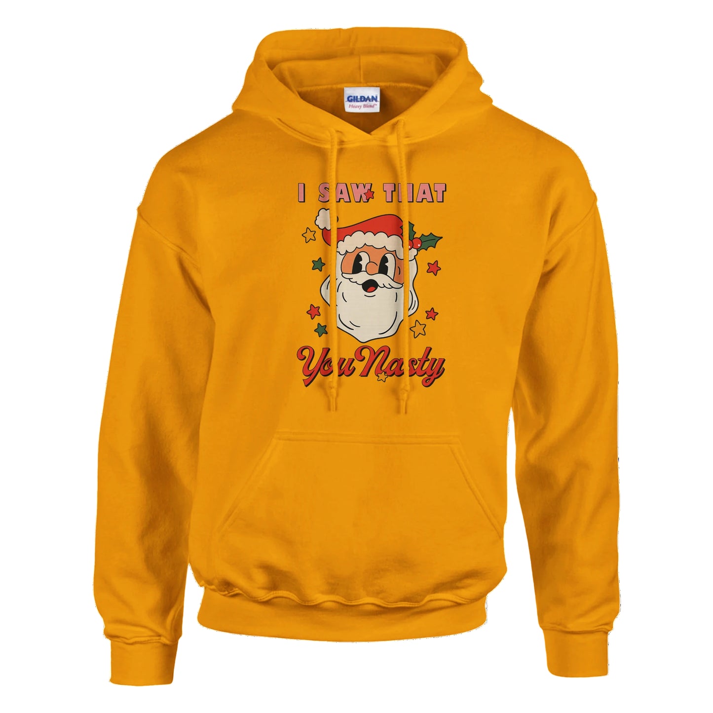 Yellow hoodie with a cartoon Santa Claus design and text on a white background