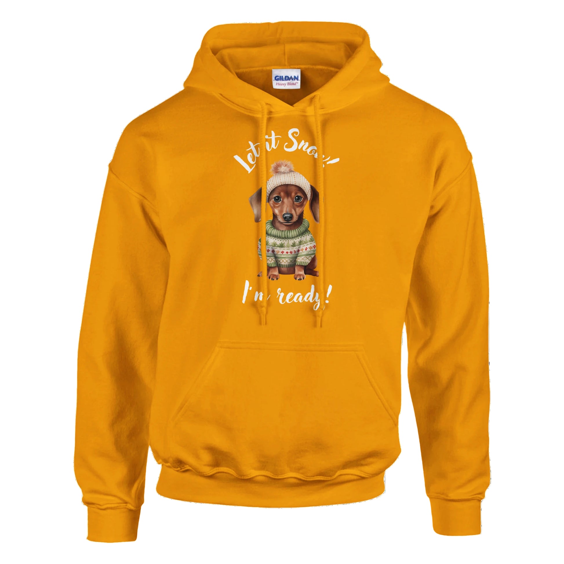 Yellow hoodie with a dog graphic and text on a white background