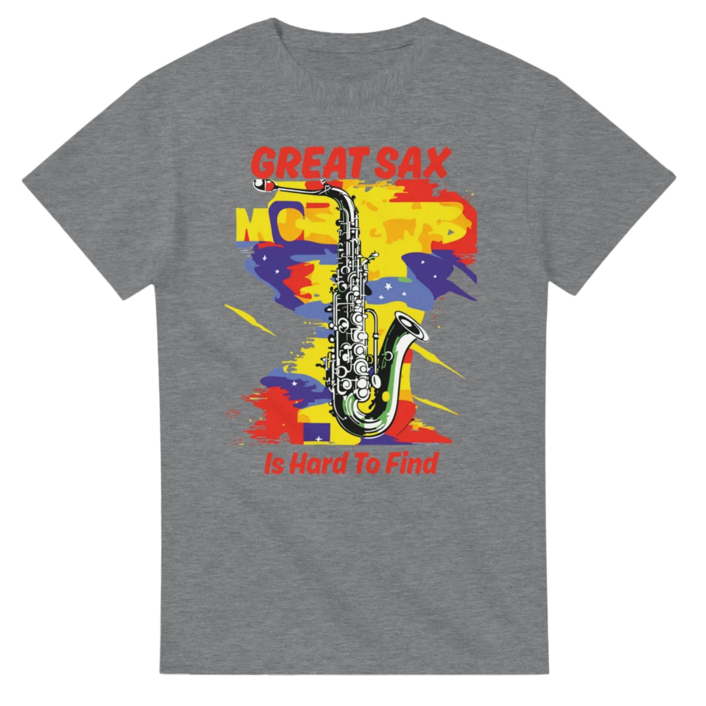 gray t-shirt with saxophone art