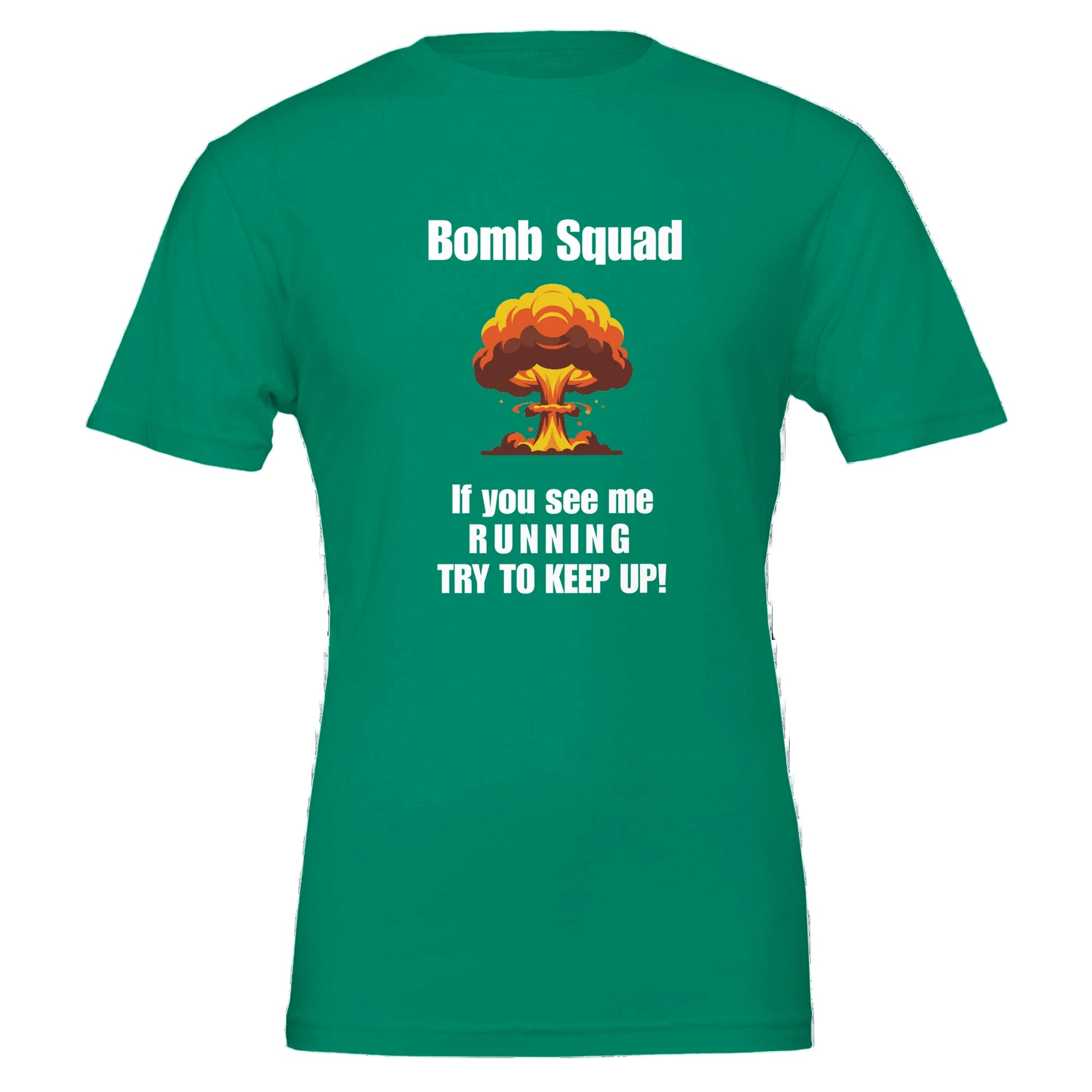 Green t-shirt with 'Bomb Squad' graphic and text on a white background