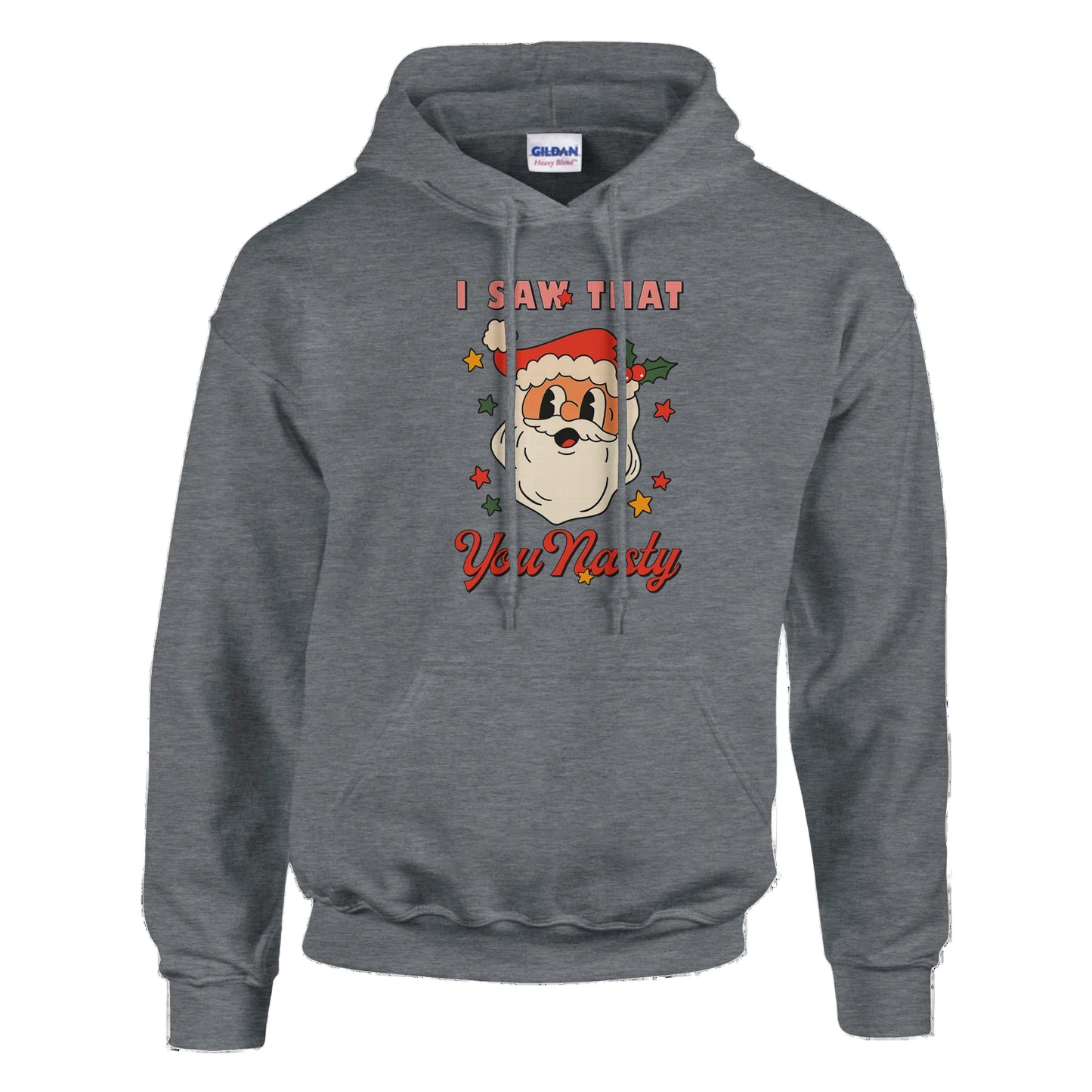 Gray hoodie with a Christmas-themed graphic and text on a white background