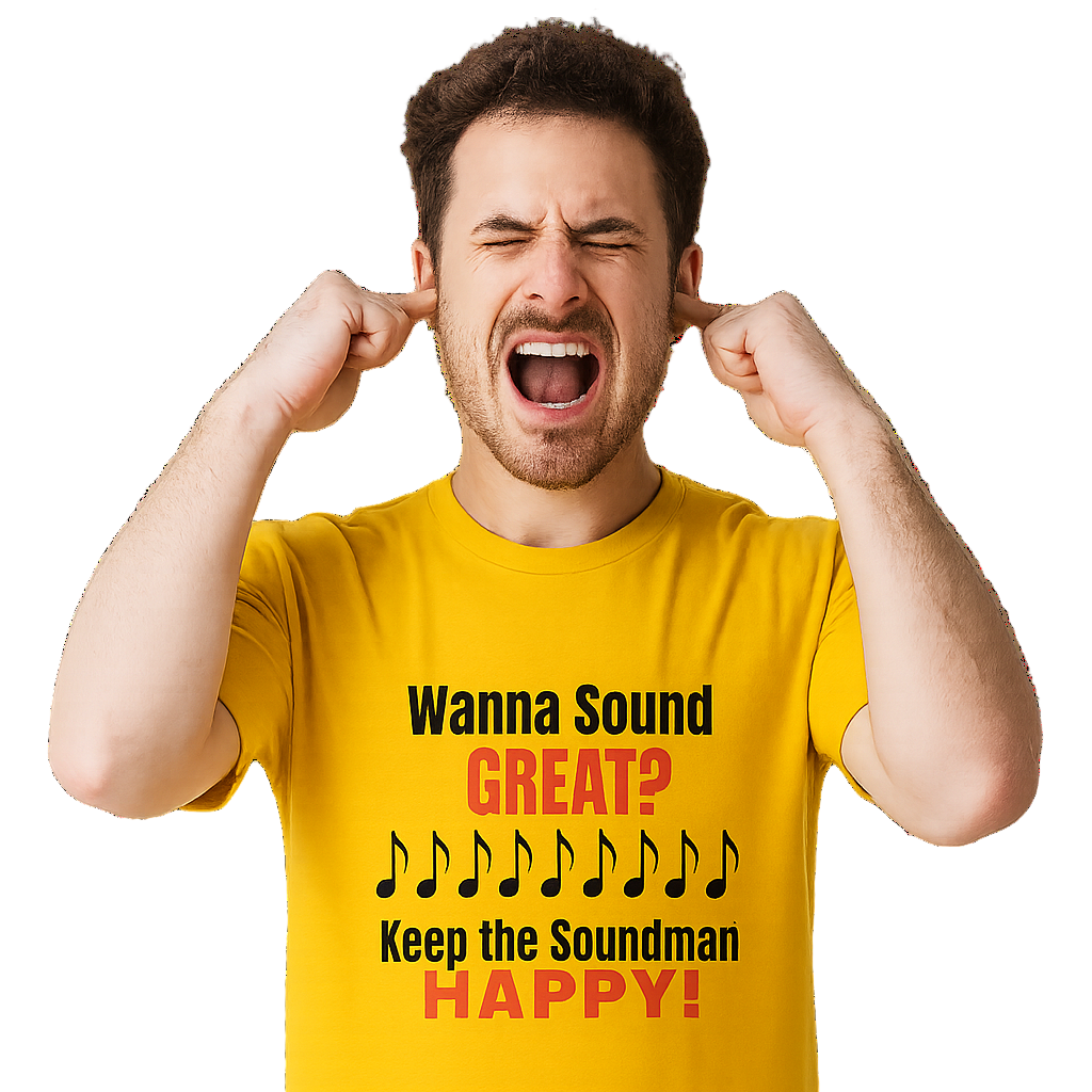 Man wearing a yellow t-shirt with a humorous soundman quote on a white background