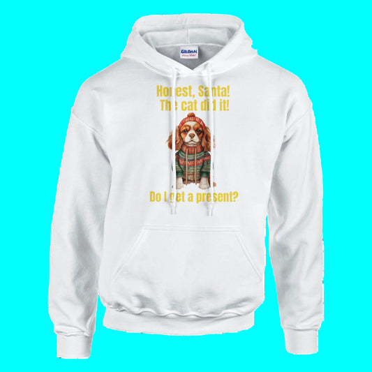 White hoodie with a dog graphic and humorous text on a white background
