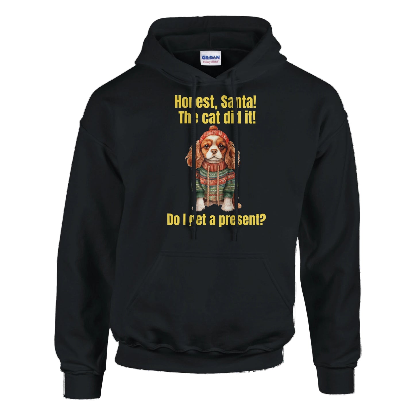 Black hoodie with a graphic of a dog in a sweater and text on a white background