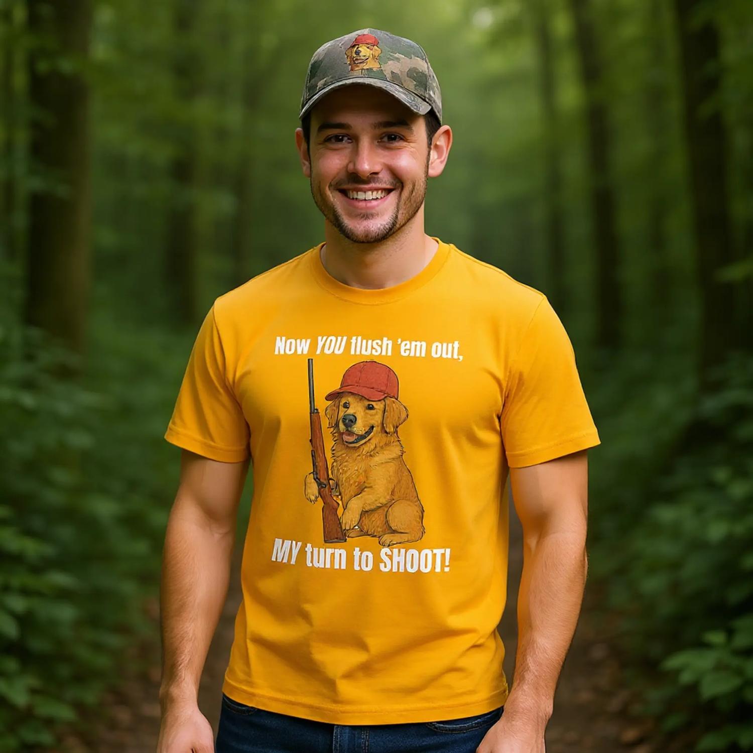 Young man in forest with gold t-shirt showing a golden retriever hunting dog