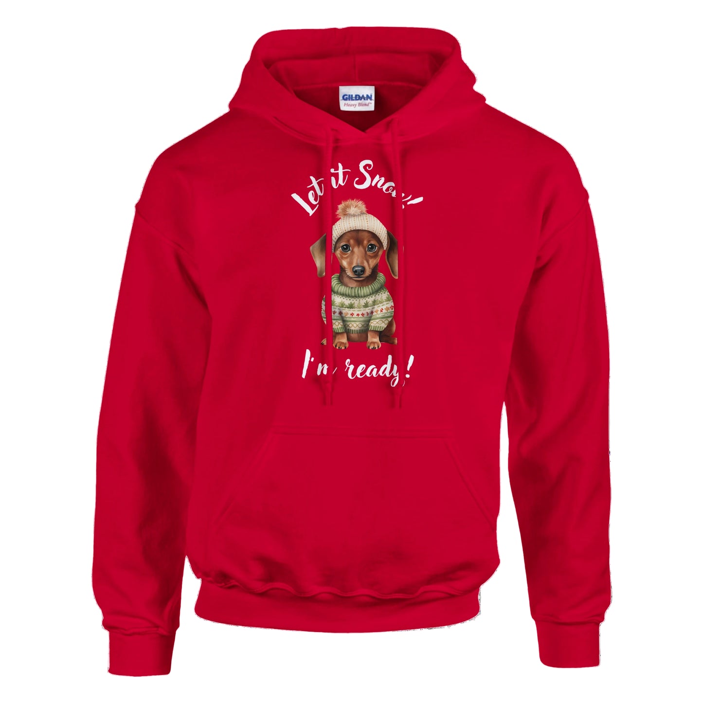 Red hoodie with a dog graphic and text 'Let it Snow! I'm ready!' on a white background