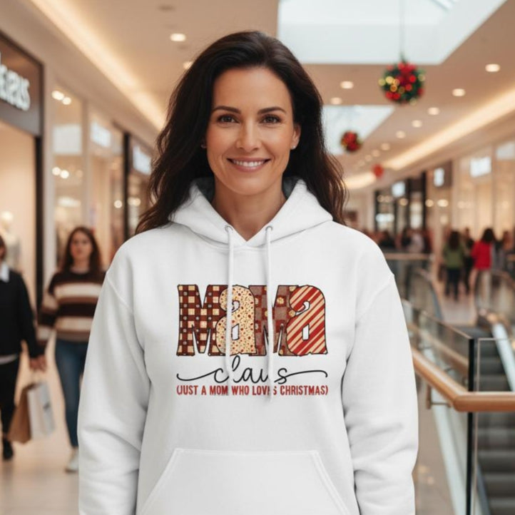 Woman wearing a white hoodie with colorful text in a shopping mall