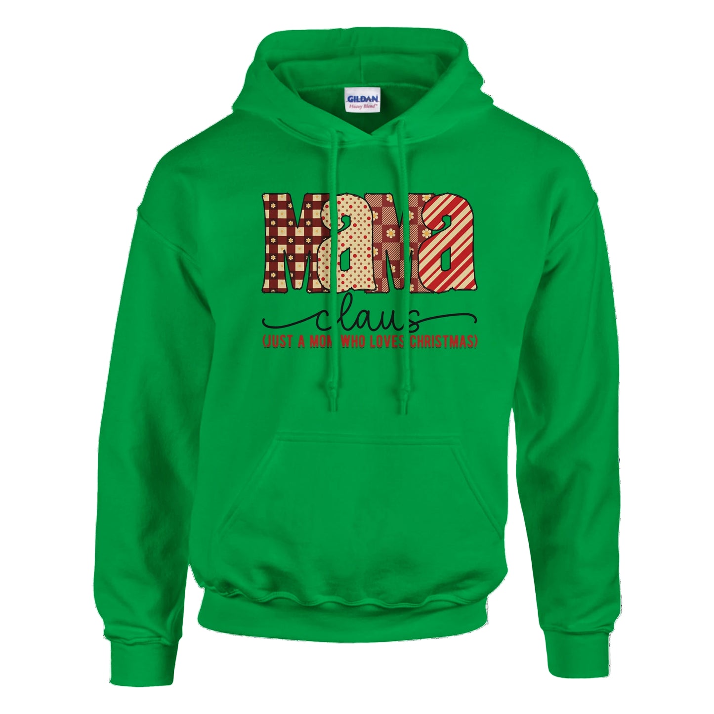 Green hoodie with 'Mama Claus' text on a white background