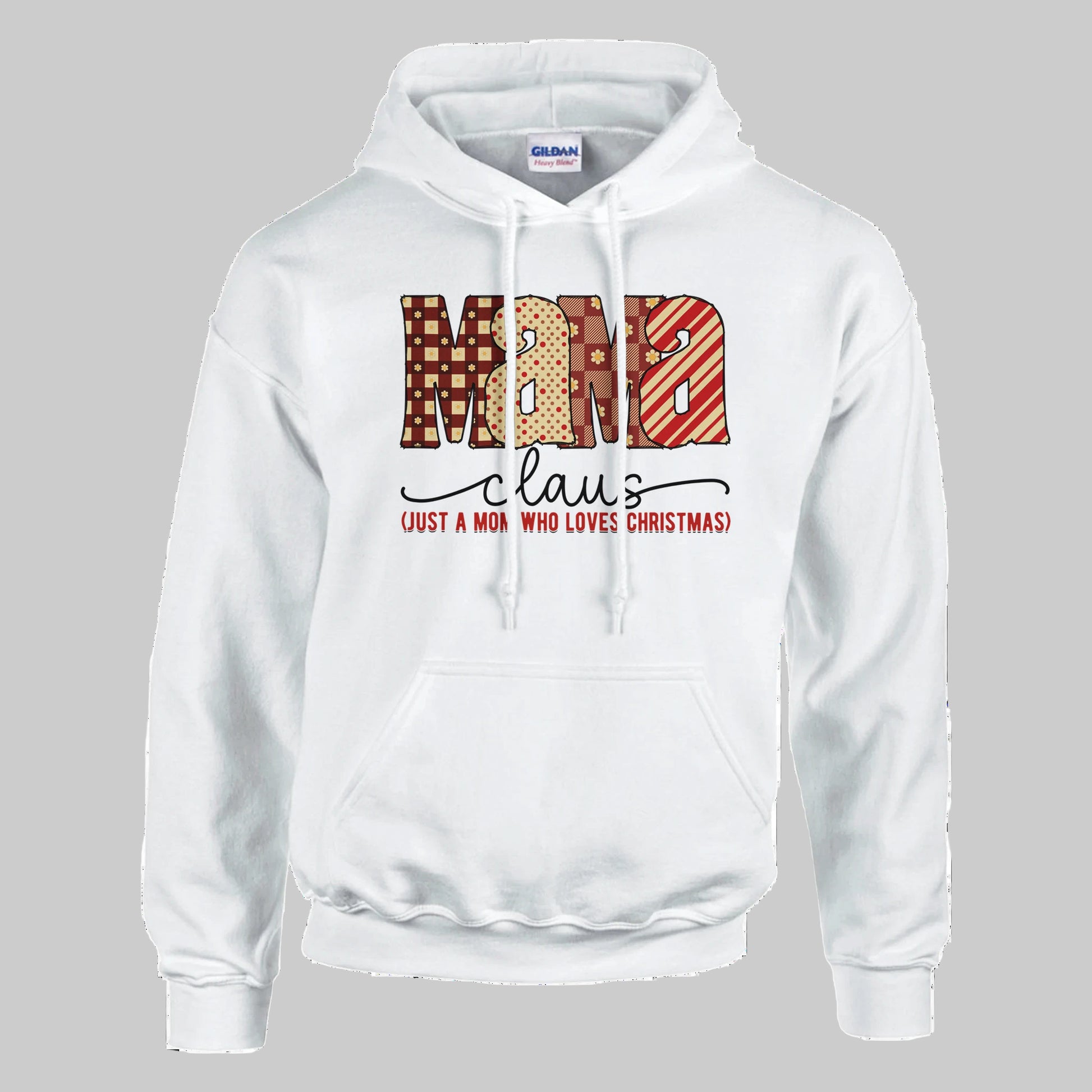 White hoodie with colorful text design on a white background