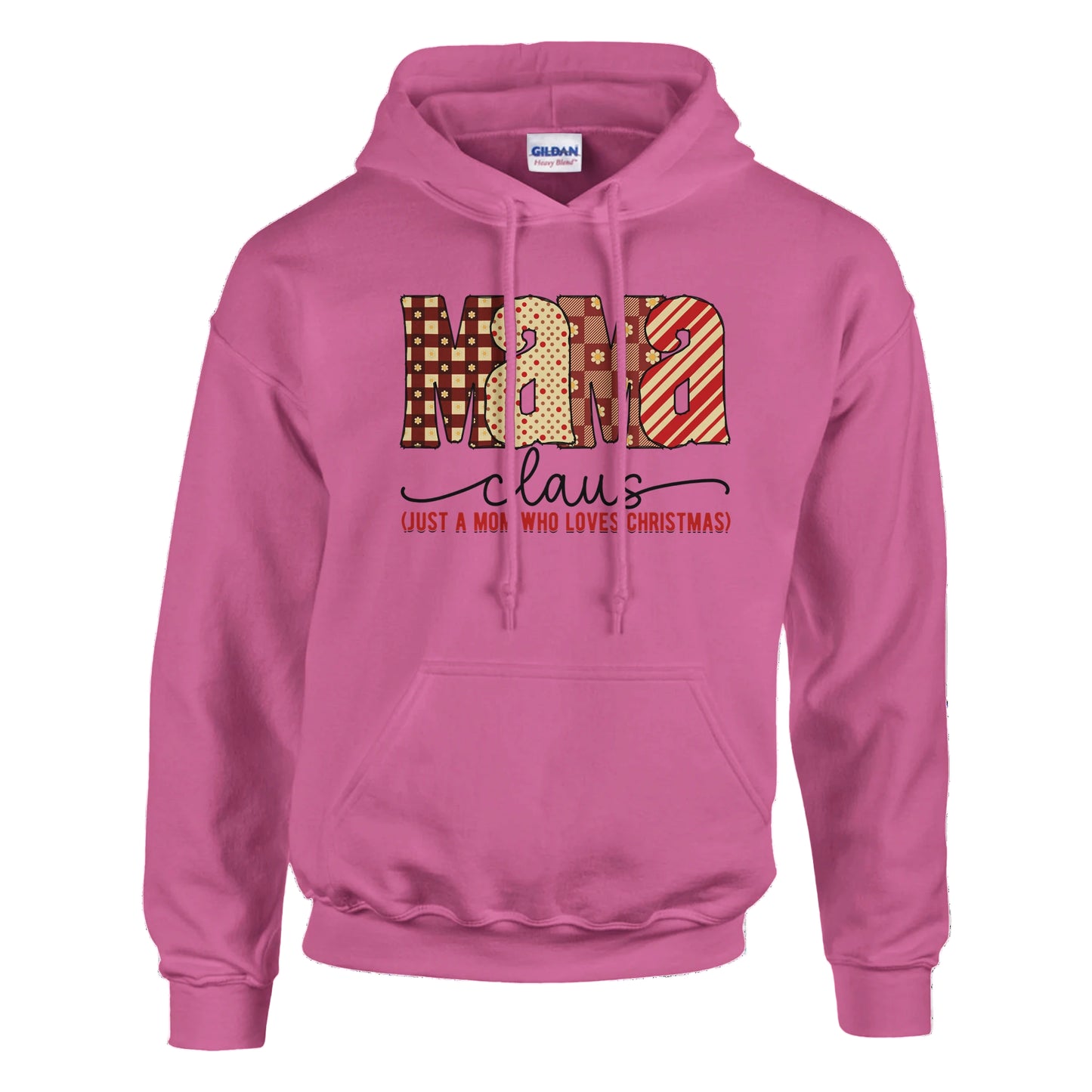 Pink hoodie with 'Mama Claus' text on a white background
