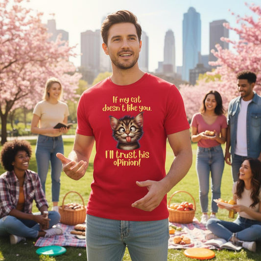 man in social setting wearing red funny cat t-shirt