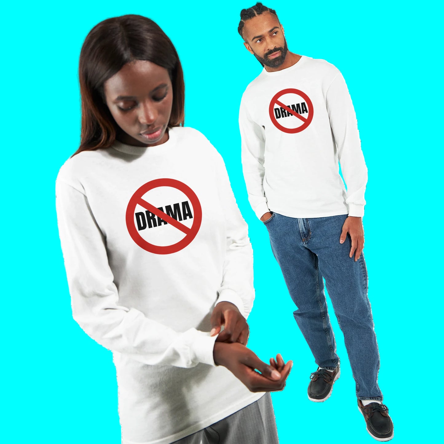 Two people wearing white long-sleeve shirts with a 'No Drama' logo on a white background