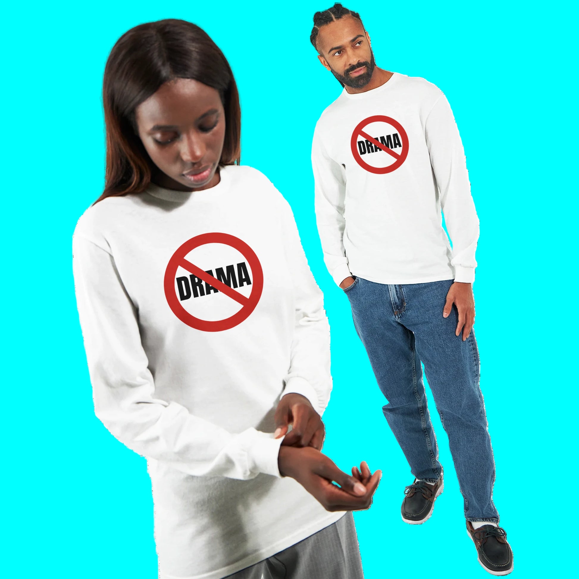 Two people wearing white long-sleeve shirts with a 'No Drama' logo on a white background