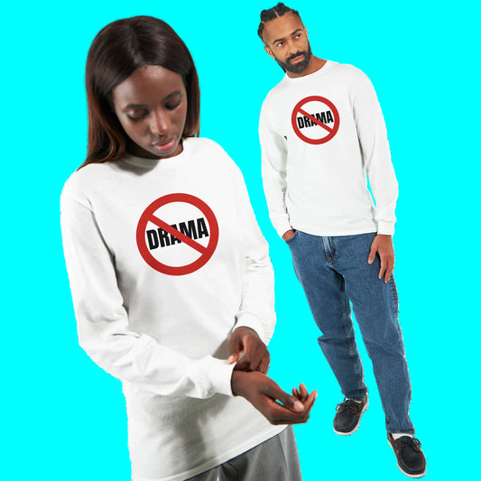 Two people wearing white long-sleeve shirts with a 'No Drama' logo on a white background