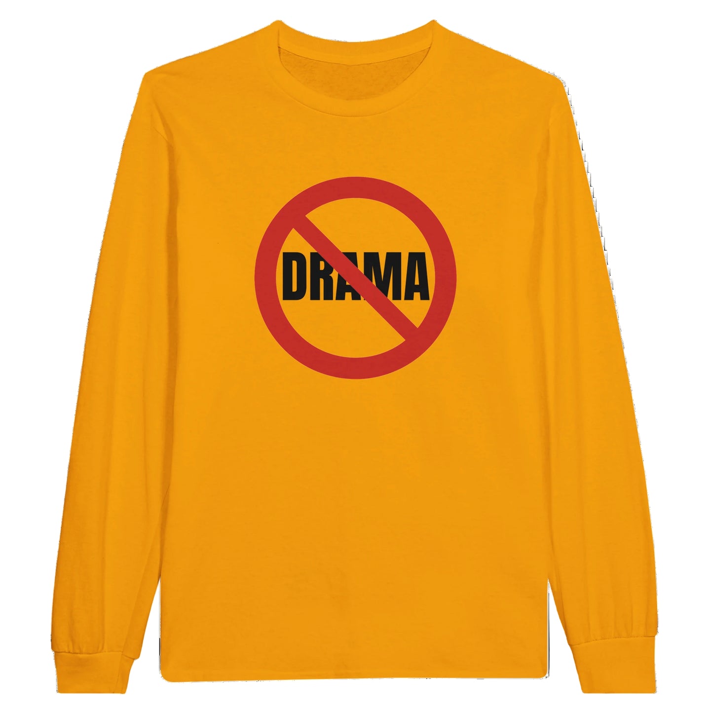 Gold long-sleeve shirt with a 'No Drama' symbol