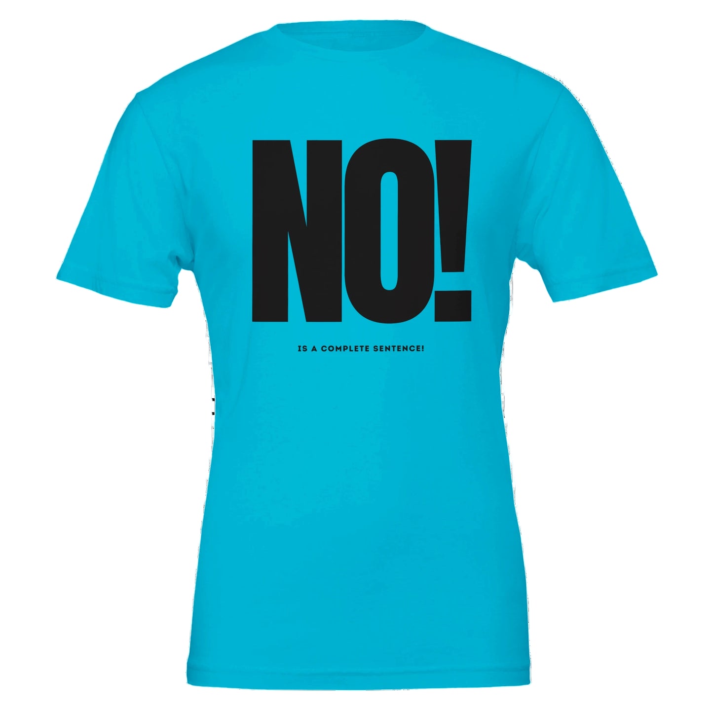 Blue t-shirt with black text on a white background