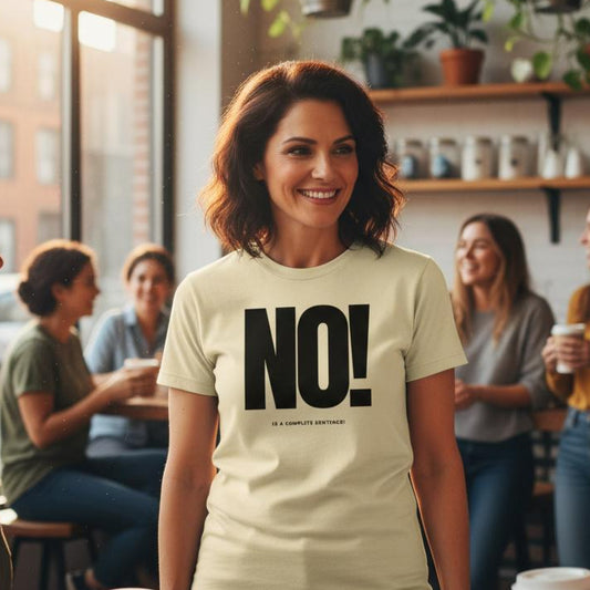 Woman wearing a 'NO!' t-shirt in a casual setting with friends.