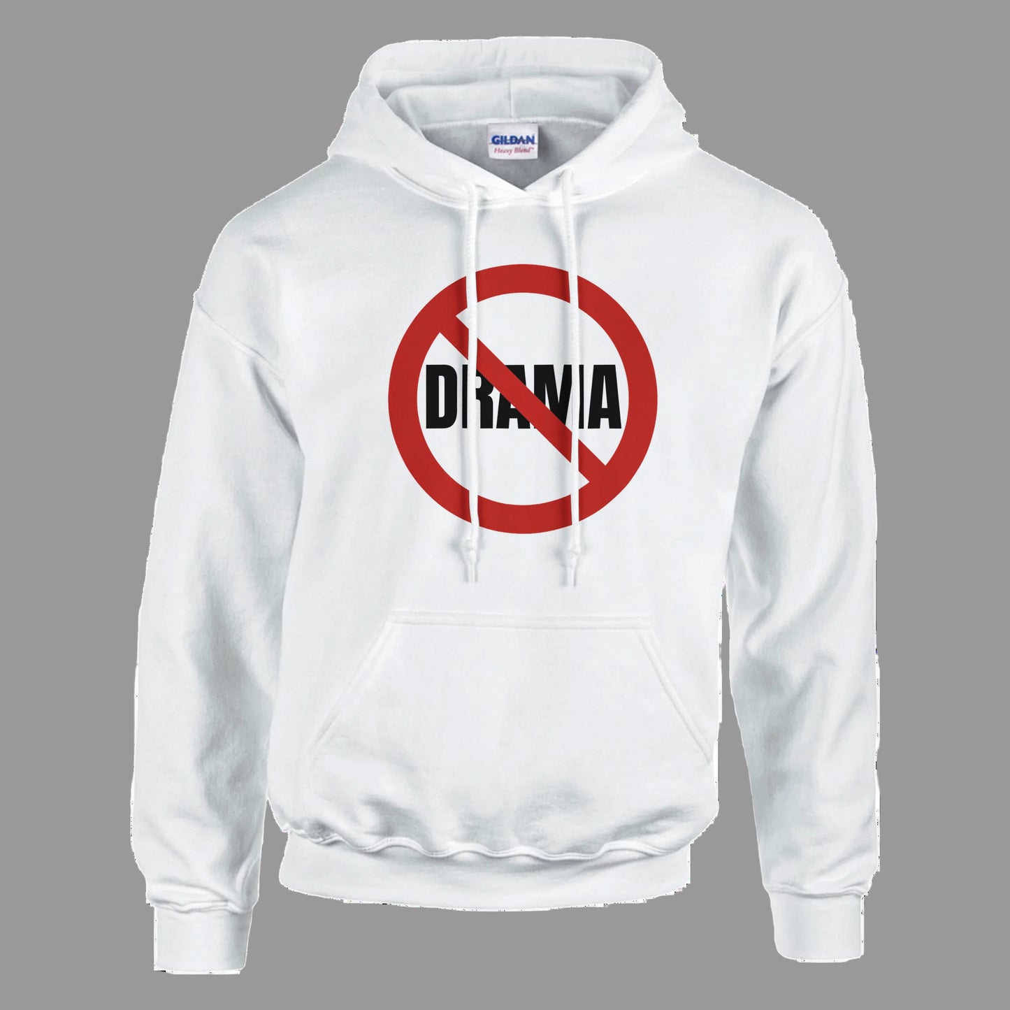 White hoodie with 'No Drama' graphic on a white background
