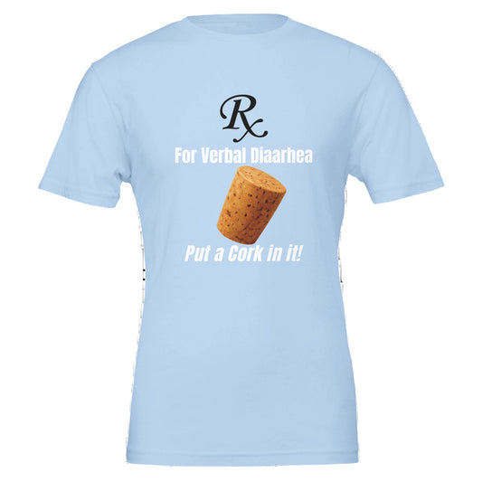 Light blue t-shirt with a cork graphic and text on a white background