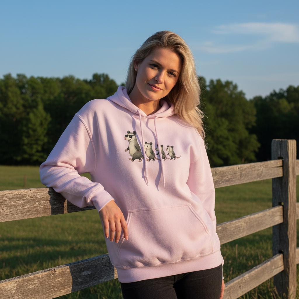 Woman wearing a pink hoodie with possum designs, standing outdoors near a wooden fence.