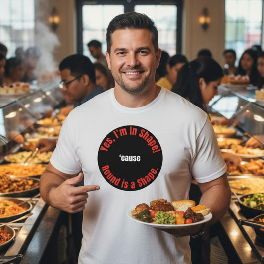Man holding a plate of food in a buffet setting wearing a white t-shirt with text.