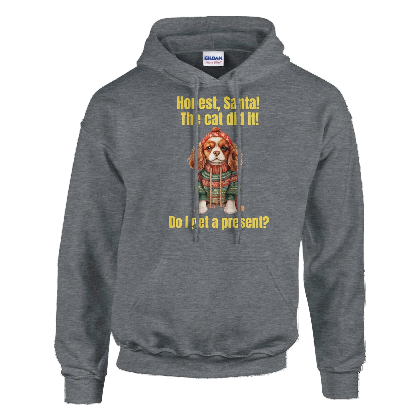 Gray hoodie with a dog graphic and text on a white background