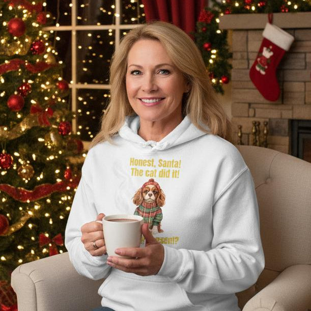 Woman in a festive living room with Christmas decorations, holding a mug.