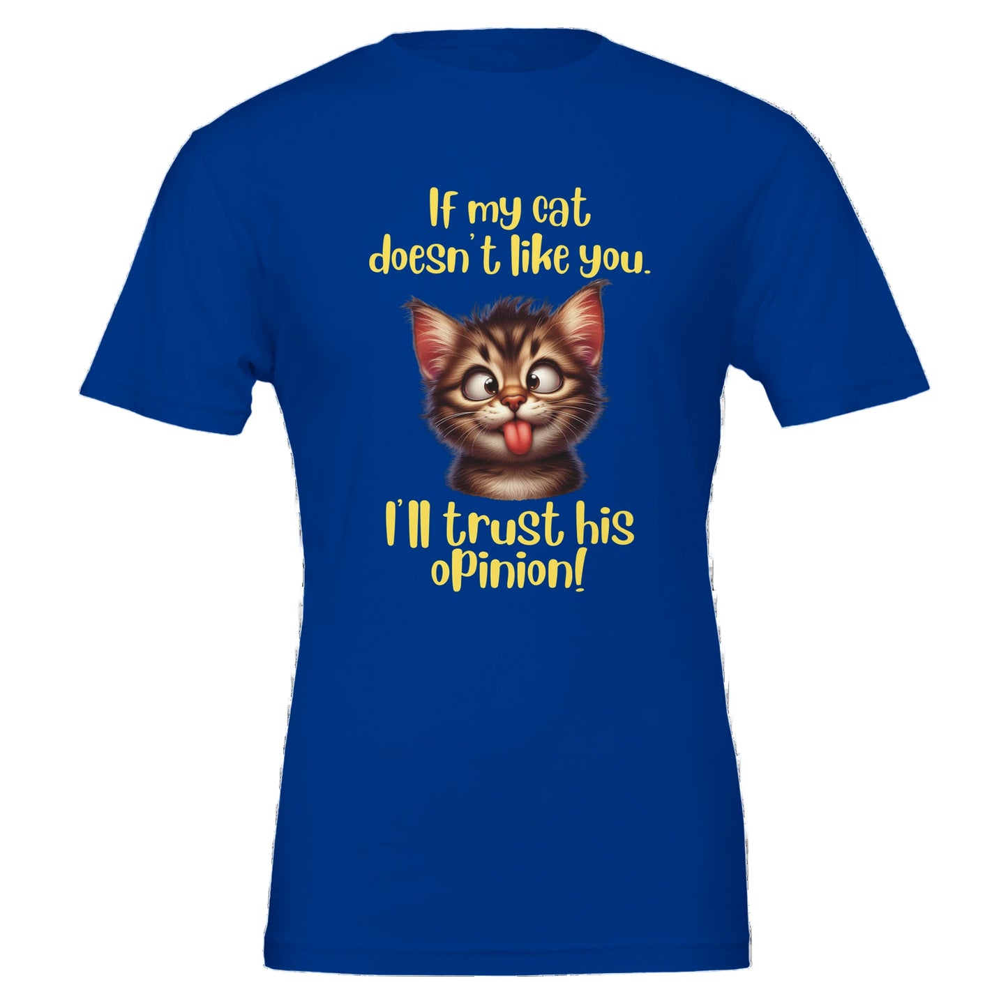 Blue t-shirt with funny cat picture and quote
