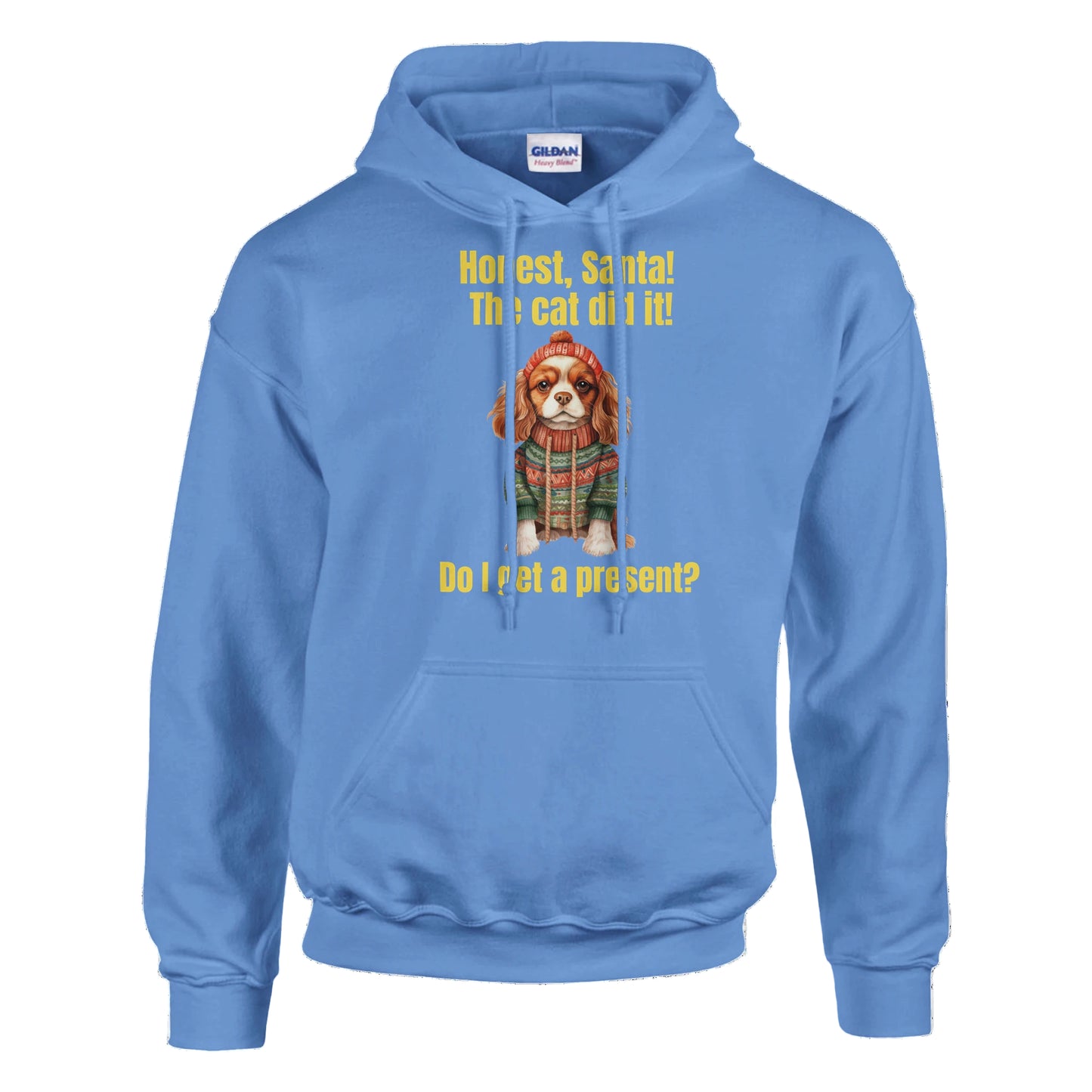 Blue hoodie with a dog graphic and text on a white background
