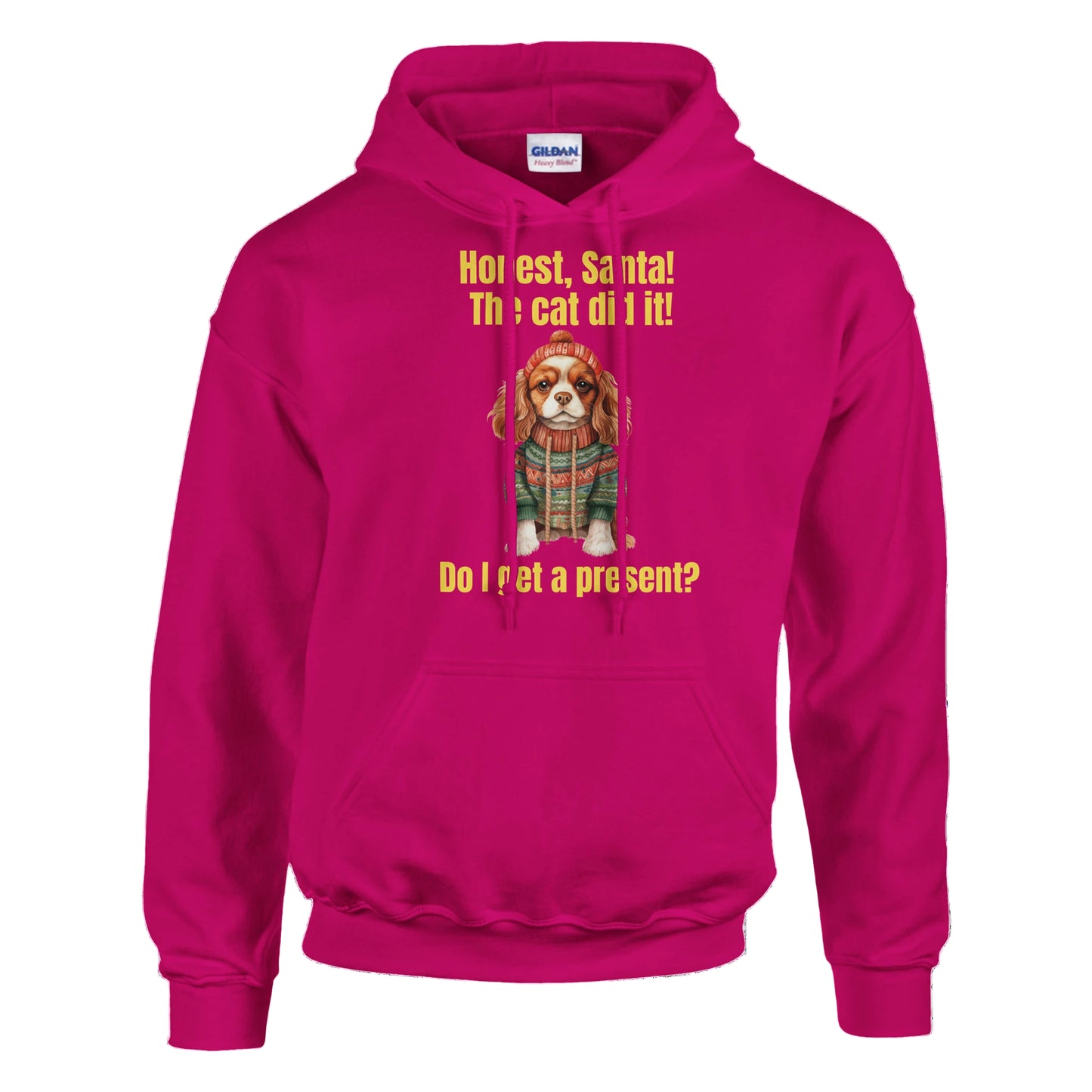 Pink hoodie with a dog graphic and text on a white background