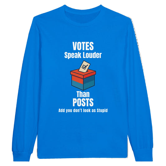Blue long-sleeve shirt with a graphic and text on a white background