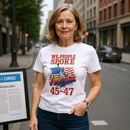 LADY WEARING A WE THE PEOPLE SPOKE T-SHIRT ON A CITY STREET
