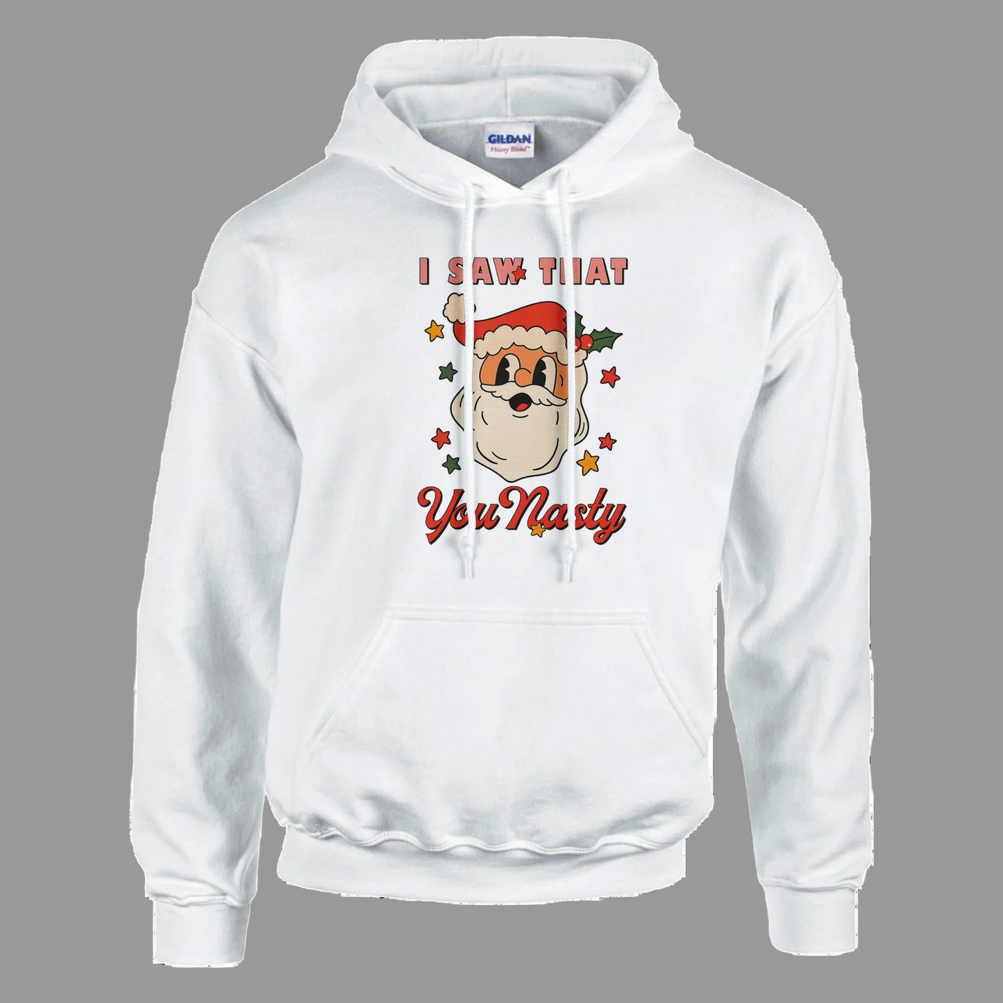 White hoodie with a Christmas-themed design featuring a cartoon character and text on a white background.
