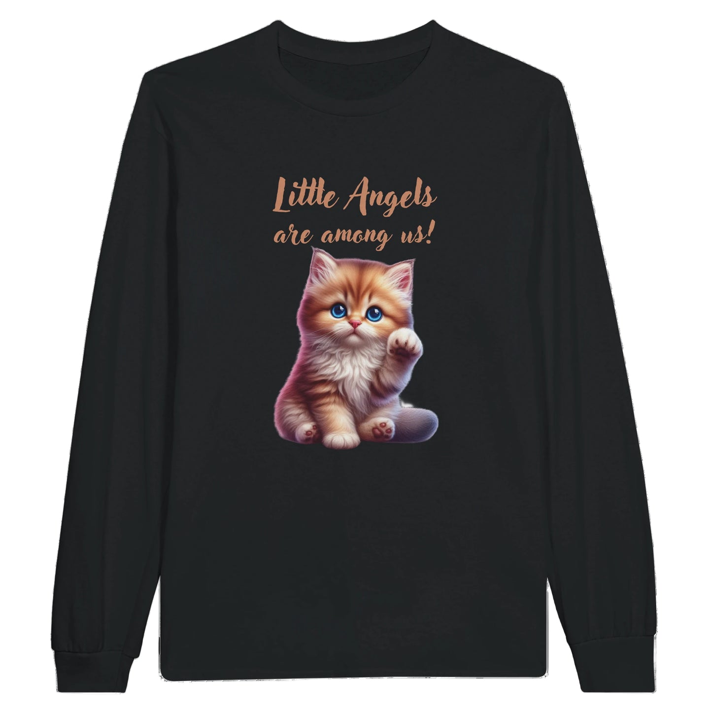 Black sweatshirt with a kitten graphic and text on a white background