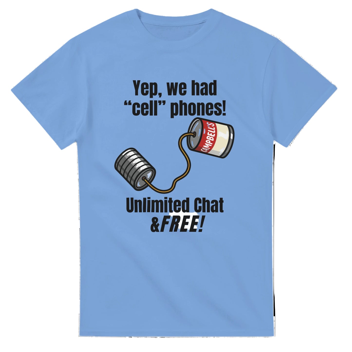 Light blue t-shirt with a graphic of cans connected by a string and text on a white background