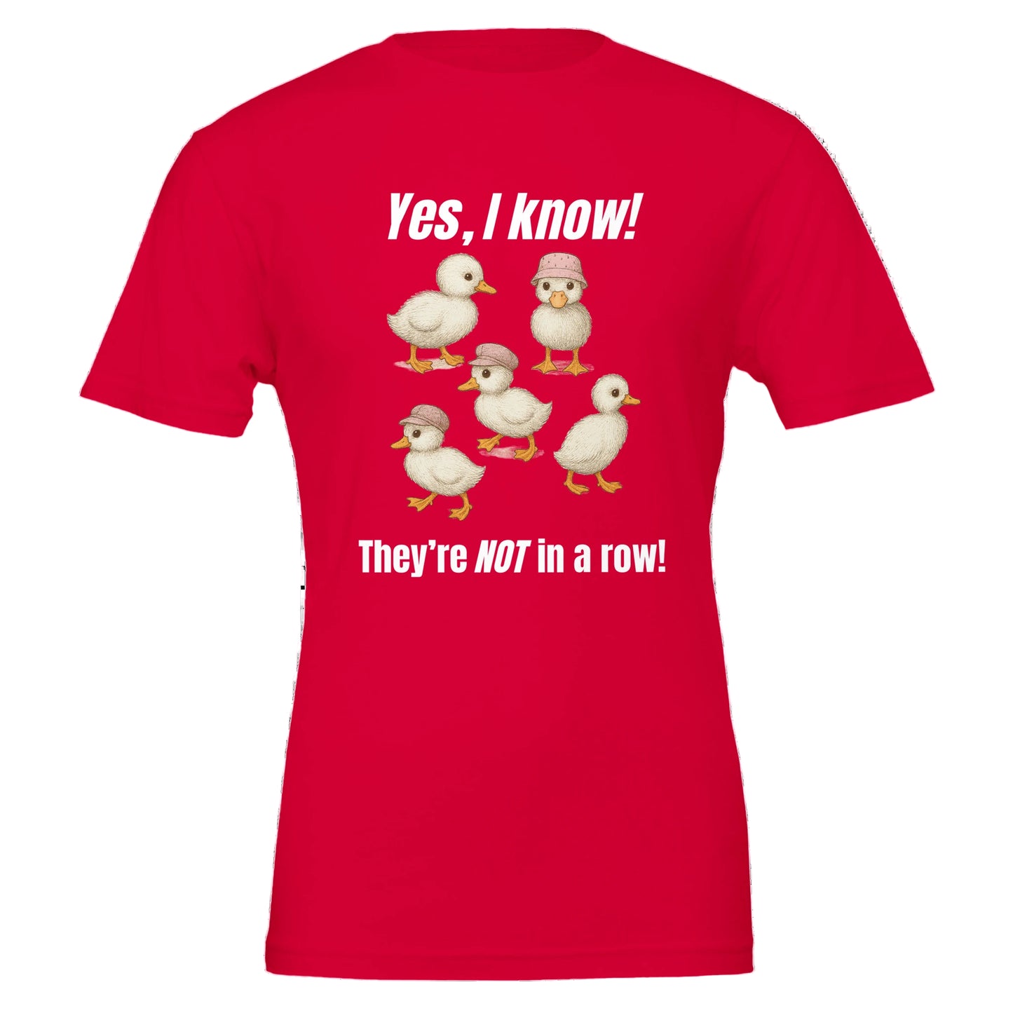 Red t-shirt with 5 baby ducks not in a row