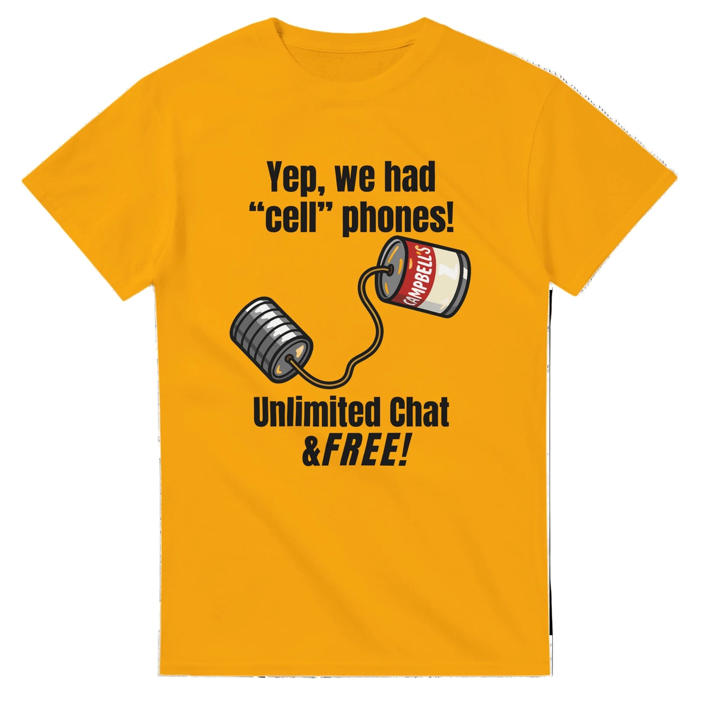 Yellow t-shirt with retro phone graphic and text on a white background