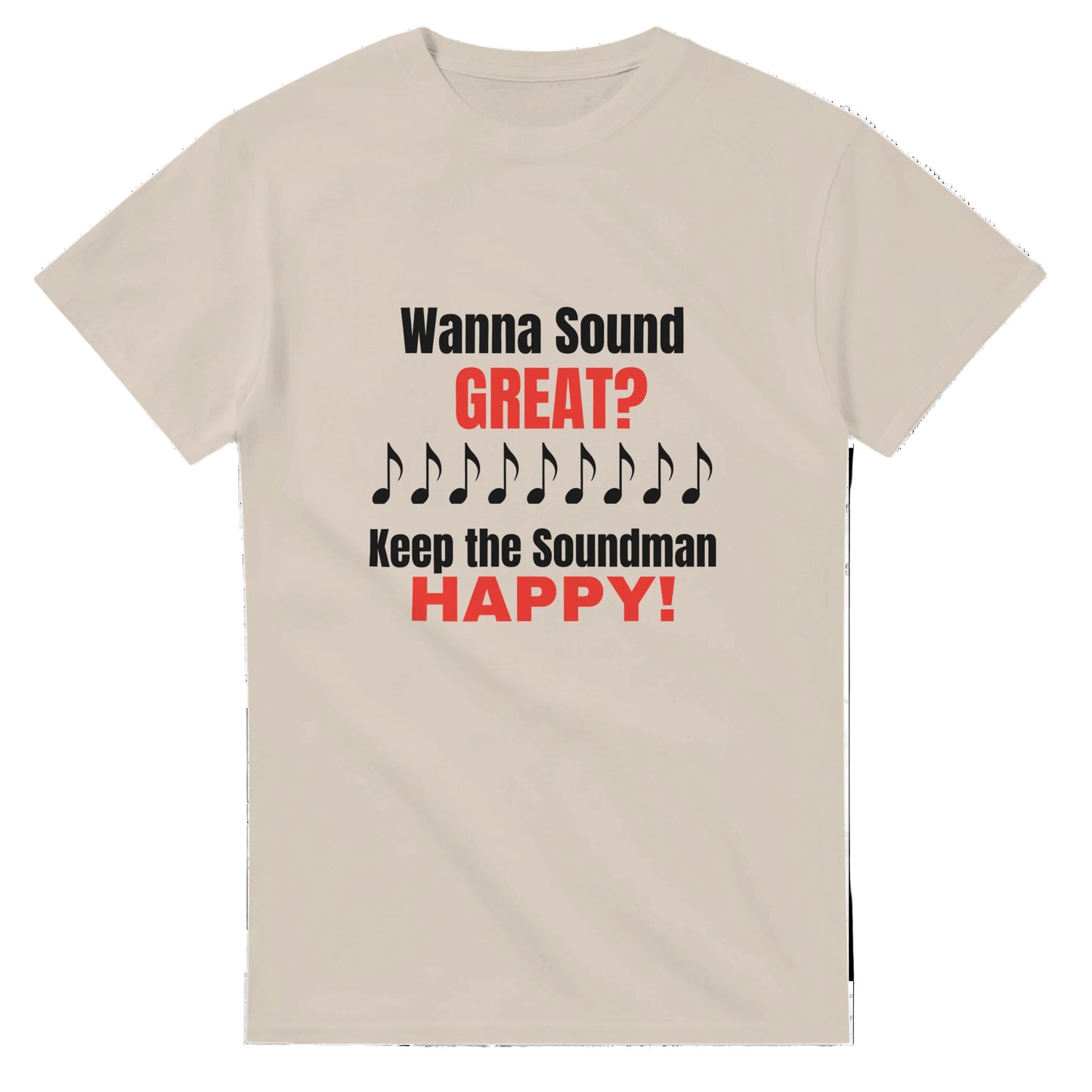 Beige t-shirt with humorous text design on a white background