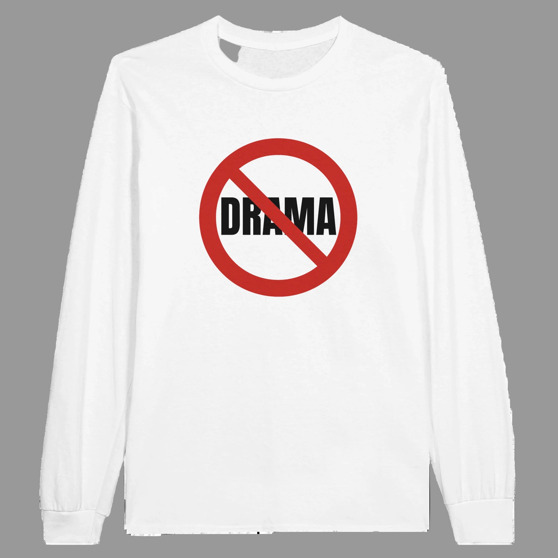 White long-sleeve shirt with 'No Drama' graphic on a white background
