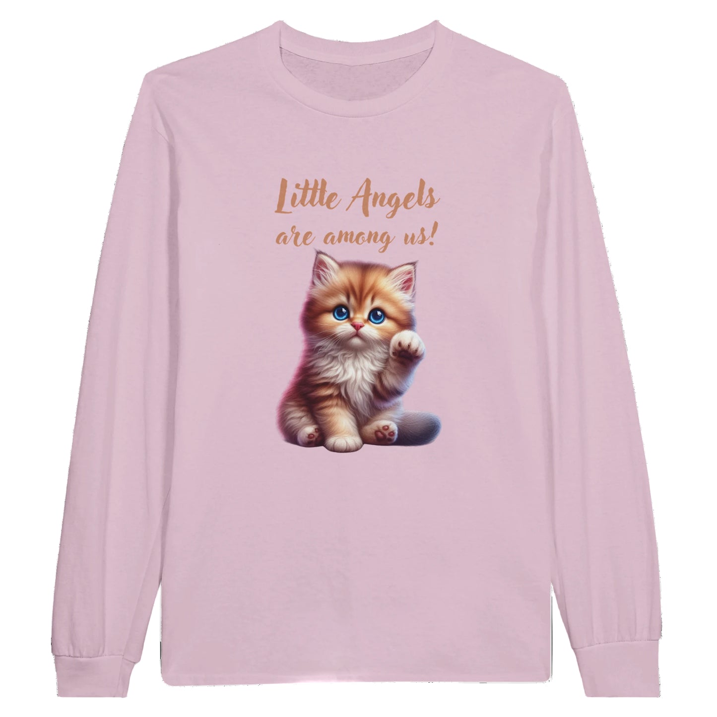 Pink long sleeve tee shirt with a kitten graphic and text on a white background