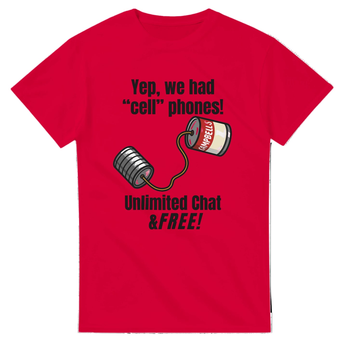 Red t-shirt with a humorous design of cans connected by string and text on a white background