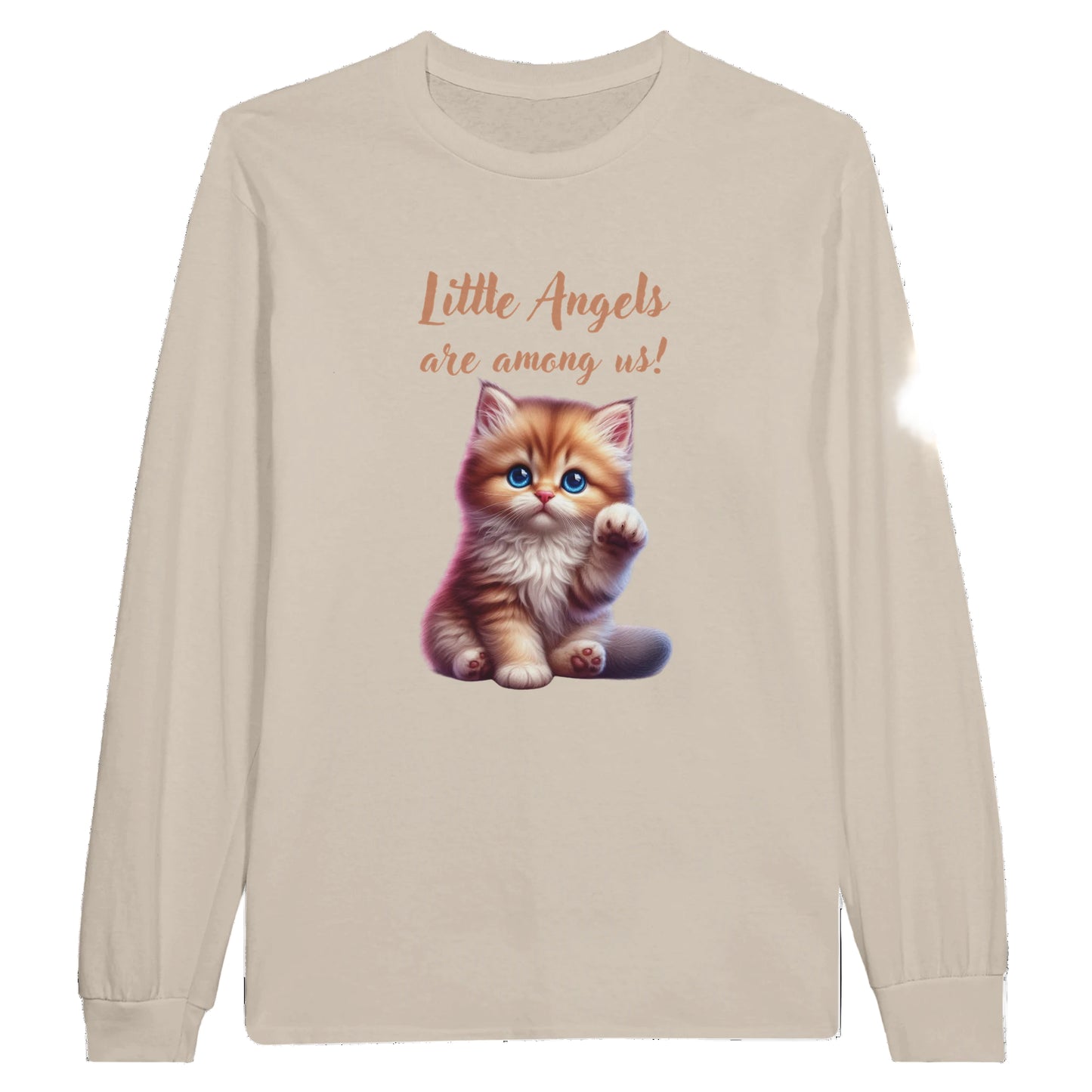 Beige long-sleeve shirt with a kitten graphic and text on a white background