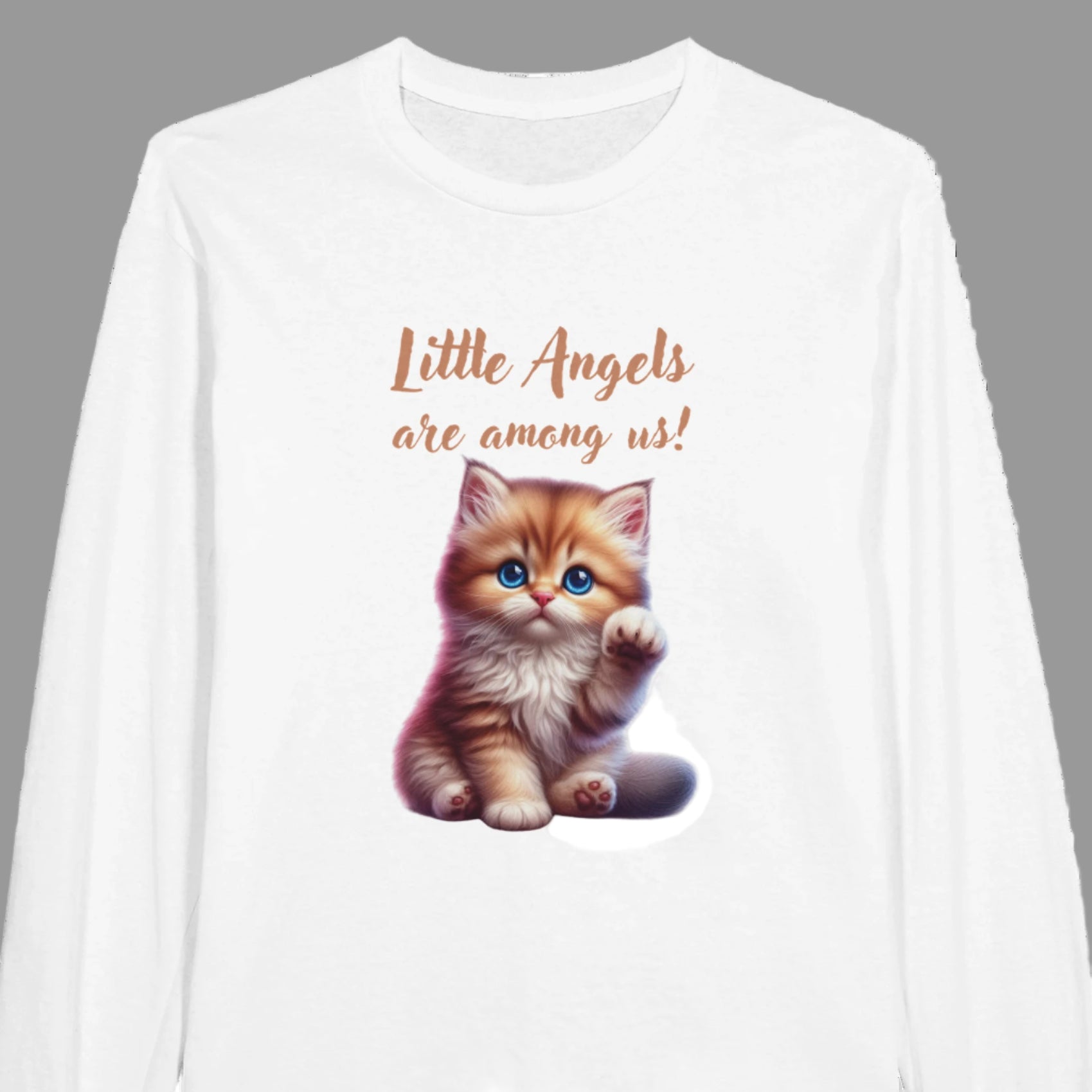 White sweatshirt with a kitten graphic and text on a grey background